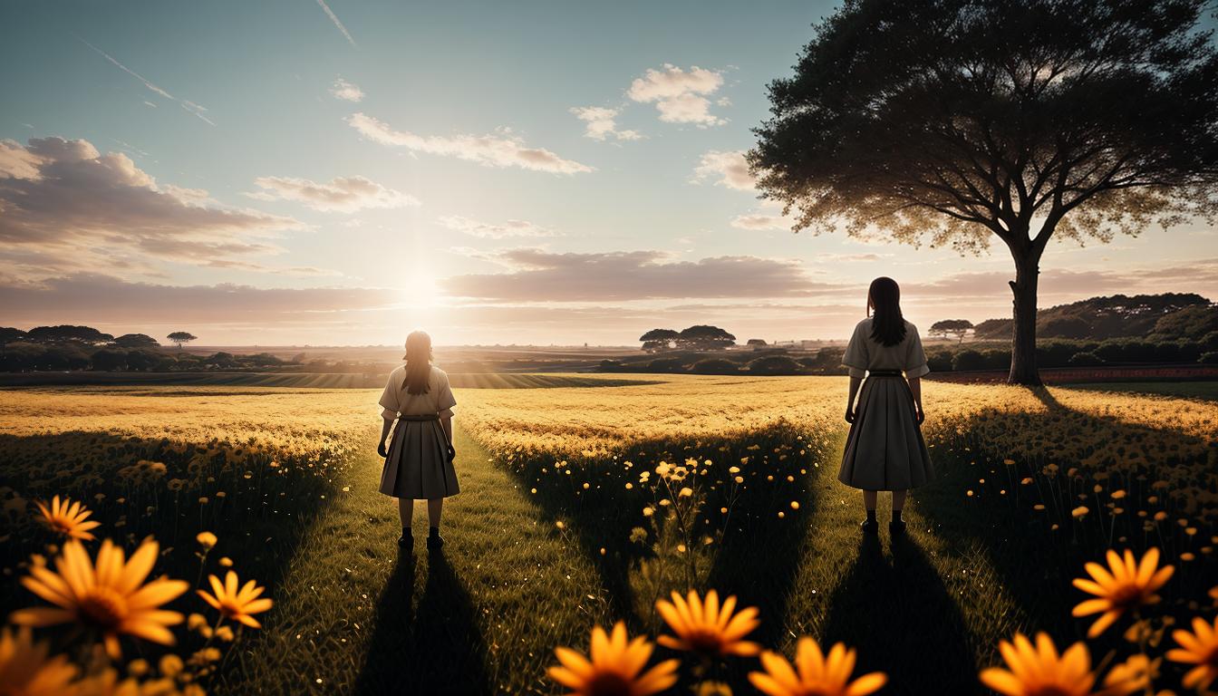  anime aesthetics, cinematic A person standing amidst a field of flowers, arms outstretched, embracing the surroundings. Golden hour light, warm and serene. Dynamic characters, intense action scenes, a color palette reminiscent of the era.4k, HDR, lens flare, visually stunning, emotionally evocative