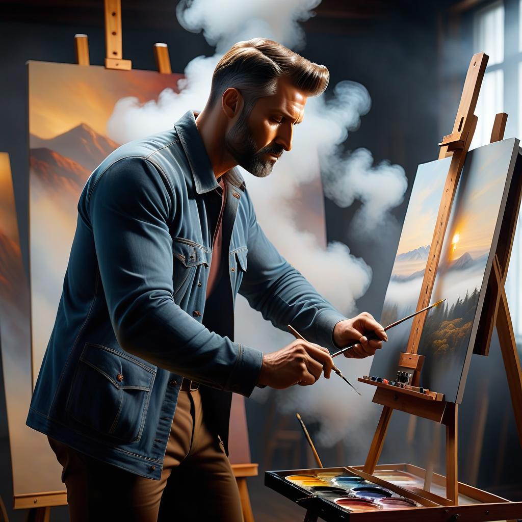  A man is painting with a brush on an easel. hyperrealistic, full body, detailed clothing, highly detailed, cinematic lighting, stunningly beautiful, intricate, sharp focus, f/1. 8, 85mm, (centered image composition), (professionally color graded), ((bright soft diffused light)), volumetric fog, trending on instagram, trending on tumblr, HDR 4K, 8K