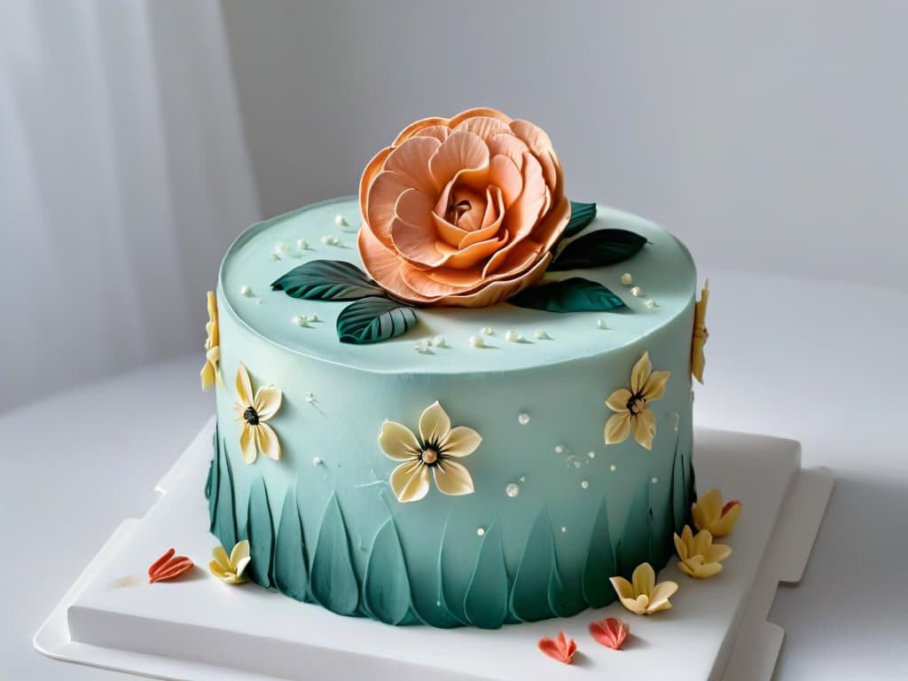  A closeup, ultradetailed image of a perfectly crafted, intricate sugar flower resting delicately on a pristine white fondant cake. The petals of the flower show lifelike details, with each vein and gradient visible, showcasing the artistry and precision involved in traditional pastry techniques. The subtle shadows cast by the delicate petals add depth to the image, highlighting the skill and creativity required in the evolution of pastry art. hyperrealistic, full body, detailed clothing, highly detailed, cinematic lighting, stunningly beautiful, intricate, sharp focus, f/1. 8, 85mm, (centered image composition), (professionally color graded), ((bright soft diffused light)), volumetric fog, trending on instagram, trending on tumblr, HDR 4K, 8K