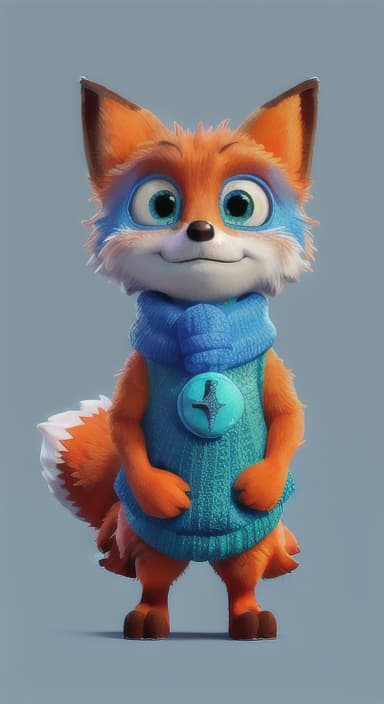  {Error the fox pressing the blue button with his paw, looking puzzled as nothing occurs., Error is a small, bright orange fox with a fluffy tail and big, inquisitive eyes. He has a mischievous yet kind expression and wears a tiny green scarf.