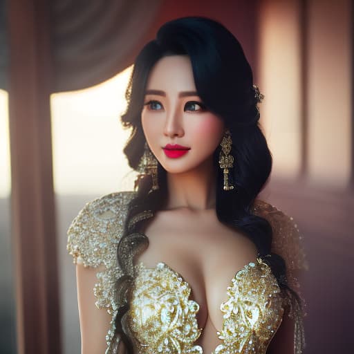 redshift style 身穿薄纱，大长腿，大胸，黑色长发的亚洲美女全身照 hyperrealistic, full body, detailed clothing, highly detailed, cinematic lighting, stunningly beautiful, intricate, sharp focus, f/1. 8, 85mm, (centered image composition), (professionally color graded), ((bright soft diffused light)), volumetric fog, trending on instagram, trending on tumblr, HDR 4K, 8K