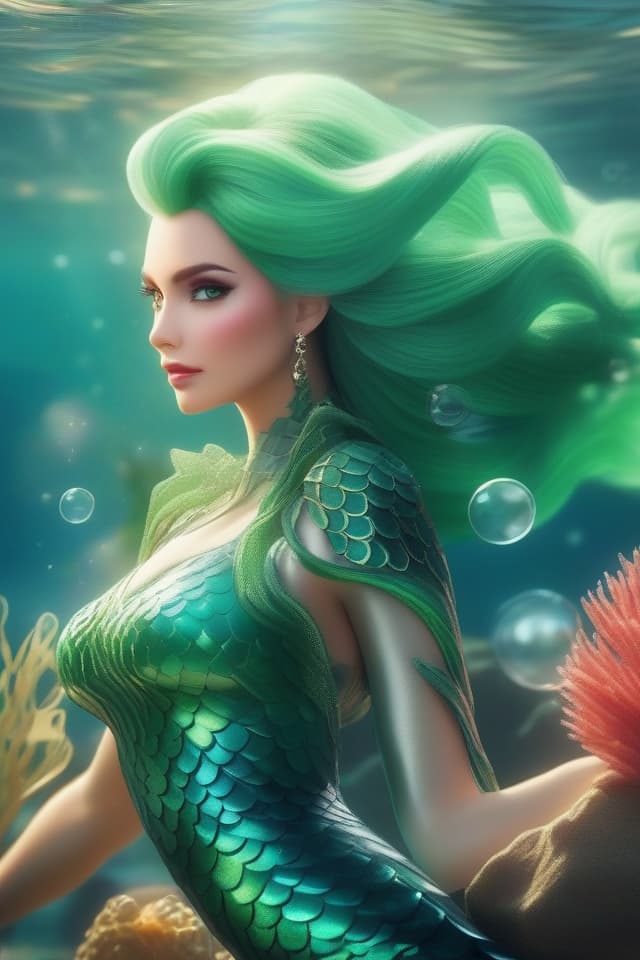  (green hair color mermaid) illustration very beautiful mermaid,(green hair color),seven colored scales,seven colored fins,bubbles,high quality,high image quality,8K,16k hyperrealistic, full body, detailed clothing, highly detailed, cinematic lighting, stunningly beautiful, intricate, sharp focus, f/1. 8, 85mm, (centered image composition), (professionally color graded), ((bright soft diffused light)), volumetric fog, trending on instagram, trending on tumblr, HDR 4K, 8K