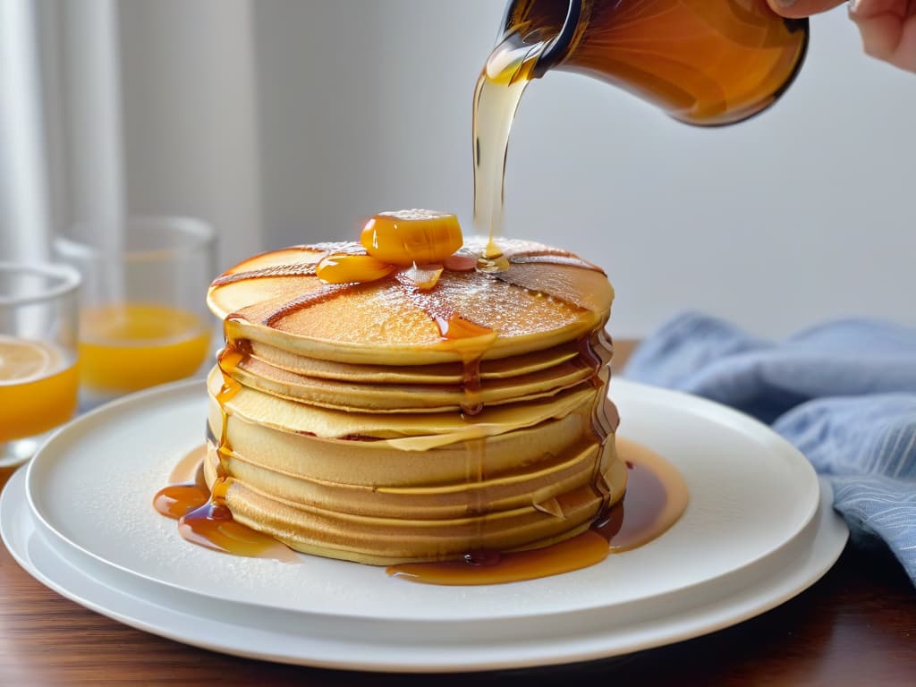  A closeup, ultradetailed photograph of a ripe, golden honey drizzle cascading smoothly over a stack of freshly baked whole grain pancakes, with delicate wisps of steam rising gently from the fluffy pancakes, showcasing the natural sweetness and allure of using honey as a healthy and natural sweetener in dessert recipes. hyperrealistic, full body, detailed clothing, highly detailed, cinematic lighting, stunningly beautiful, intricate, sharp focus, f/1. 8, 85mm, (centered image composition), (professionally color graded), ((bright soft diffused light)), volumetric fog, trending on instagram, trending on tumblr, HDR 4K, 8K