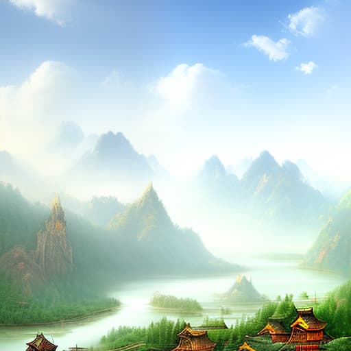 mdjrny-v4 style MAncient Chinese style landscape, mountains, rivers, clouds