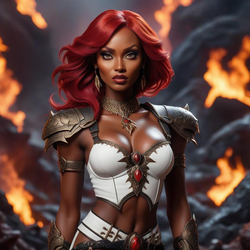  Lilith Devon, red hair, dark skin, with claws in front of a backdrop of hell. hyperrealistic, full body, detailed clothing, highly detailed, cinematic lighting, stunningly beautiful, intricate, sharp focus, f/1. 8, 85mm, (centered image composition), (professionally color graded), ((bright soft diffused light)), volumetric fog, trending on instagram, trending on tumblr, HDR 4K, 8K