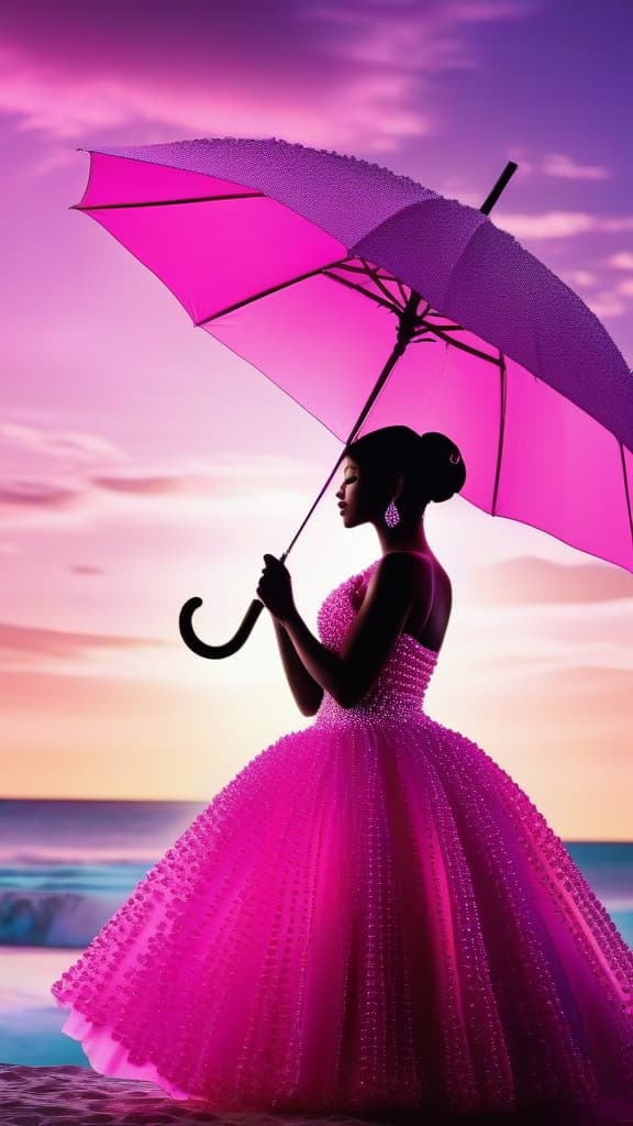  A silhouette of a woman made entirely of vibrant light purple and fusha pink colour pearls, adorned in a deep light pink dress, hat, and holding a light purple color umbrella, all constructed from various sizes of white, light purple and fusha pink colour pearls, sitting gracefully with one hand on her knee and the other holding the light purple colour pearl umbrella, with a plain and light-colored background, and a few loose pearls scattered around her., ((masterpiece)), best quality, very detailed, high resolution, sharp, sharp image, extremely detailed, 4k, 8k