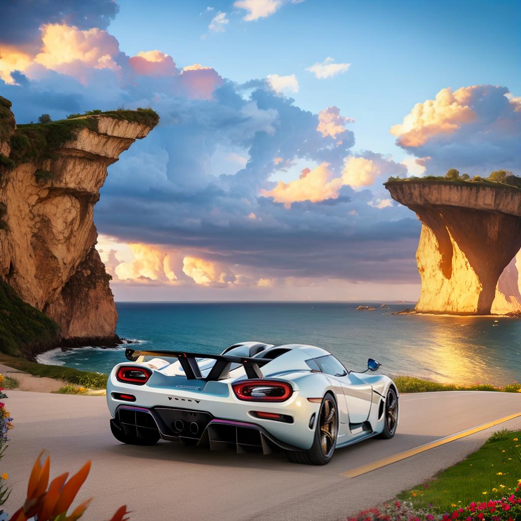  ethereal fantasy concept art of hyper realistic, 2020 Koenigsegg Regera, intricate details, winding seaside road, epic sunrise, golden clouds, dramatic lighting, perfect composition, , 4k. magnificent, celestial, ethereal, painterly, epic, majestic, magical, fantasy art, cover art, dreamy