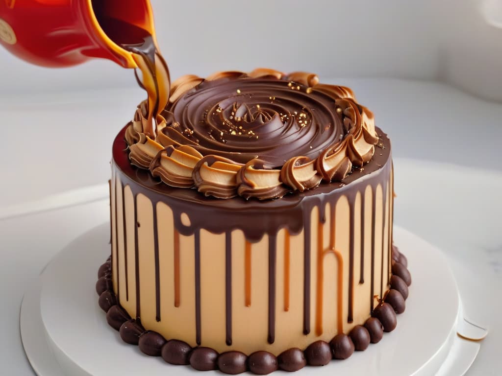  A closeup, ultradetailed image of a delicate caramel swirl being drizzled over a perfectly smooth and glossy dark chocolate ganache cake. The caramel, in a slowmotion capture, appears warm and viscous as it elegantly cascades over the cake's surface, creating intricate patterns and adding a touch of luxurious sweetness to the decadent dessert. The contrast between the glossy chocolate base and the golden caramel ribbons showcases a harmonious blend of textures, promising a sensory delight for any dessert connoisseur. hyperrealistic, full body, detailed clothing, highly detailed, cinematic lighting, stunningly beautiful, intricate, sharp focus, f/1. 8, 85mm, (centered image composition), (professionally color graded), ((bright soft diffused light)), volumetric fog, trending on instagram, trending on tumblr, HDR 4K, 8K