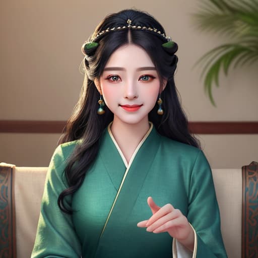  Detailed description, detail light, shadow tracking, exquisite depiction of eyes, exquisite CG, wool roll, smile, warmth, cute, black hair, green eyes, beautiful features, ancient style, Han clothes, blue dress, all body, broken feeling, masterpiece, home, warm, exquisite depiction of mouth, hair accessories,