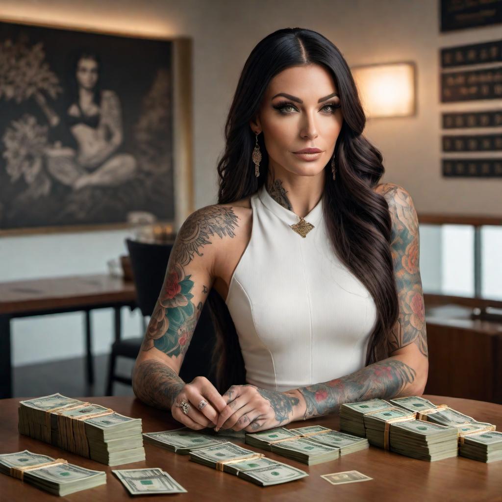  A realistic photo of a tattooed woman sitting at a table, counting a stack of money in a modern, well-lit room. She has long hair and various intricate tattoos on her arms. The scene is set indoors, with minimalistic decoration visible in the background. hyperrealistic, full body, detailed clothing, highly detailed, cinematic lighting, stunningly beautiful, intricate, sharp focus, f/1. 8, 85mm, (centered image composition), (professionally color graded), ((bright soft diffused light)), volumetric fog, trending on instagram, trending on tumblr, HDR 4K, 8K