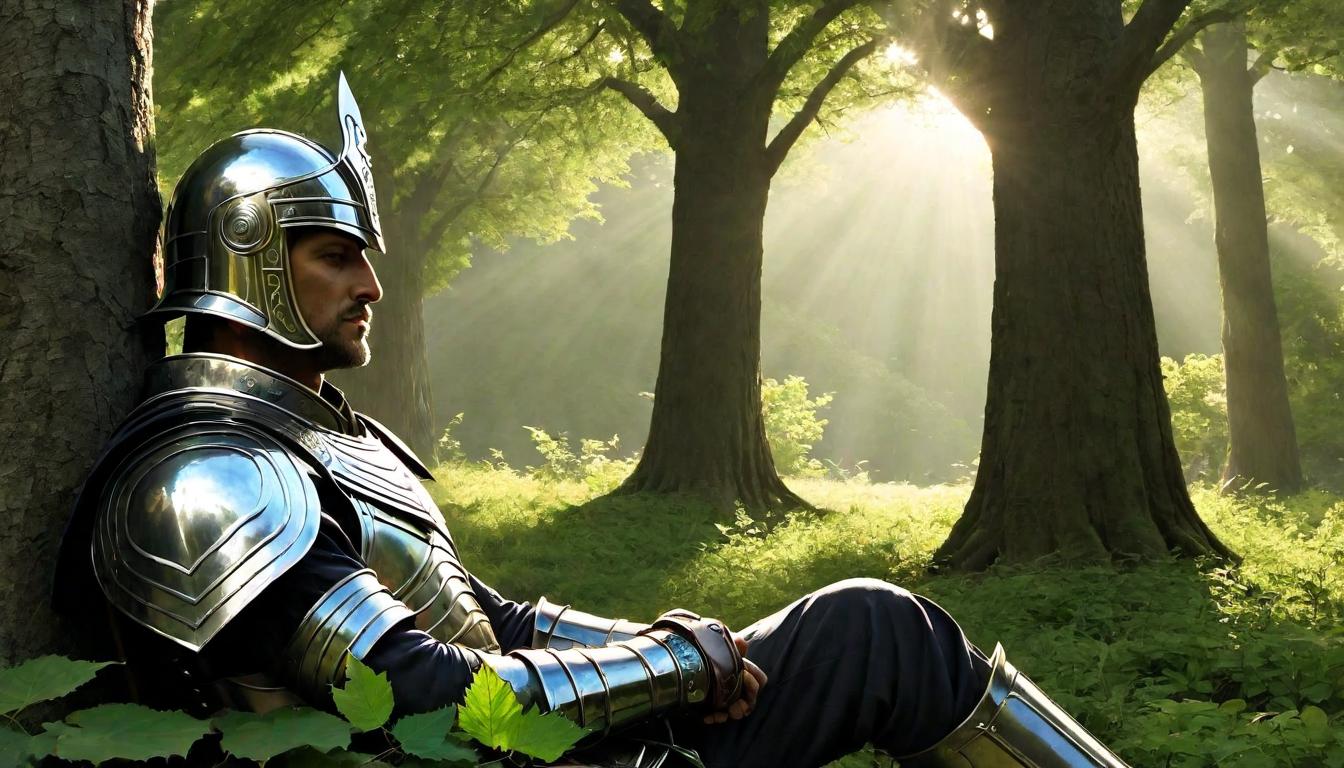  （surrealism)A powerful warrior, armor cast aside, resting under a tree, hands behind head, serene expression, dappled sunlight filtering through leaves, understanding, respite mystic, intricate details, best quality)