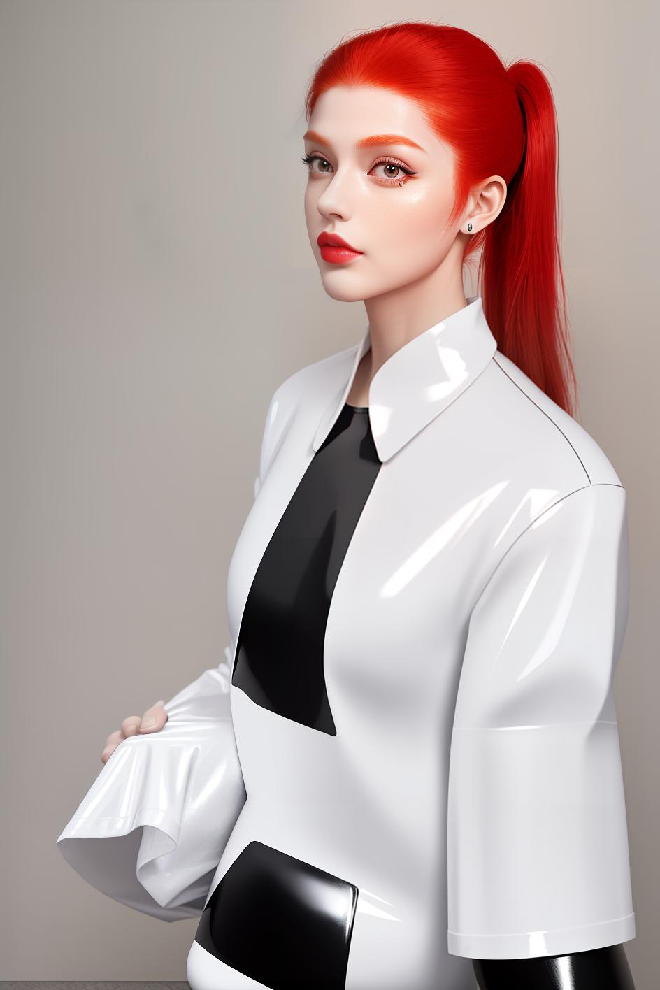  masterpiece, best quality, red hair,side ponytail,female,masterpiece,exquisite facial features,white latex shirt,black latex leggings