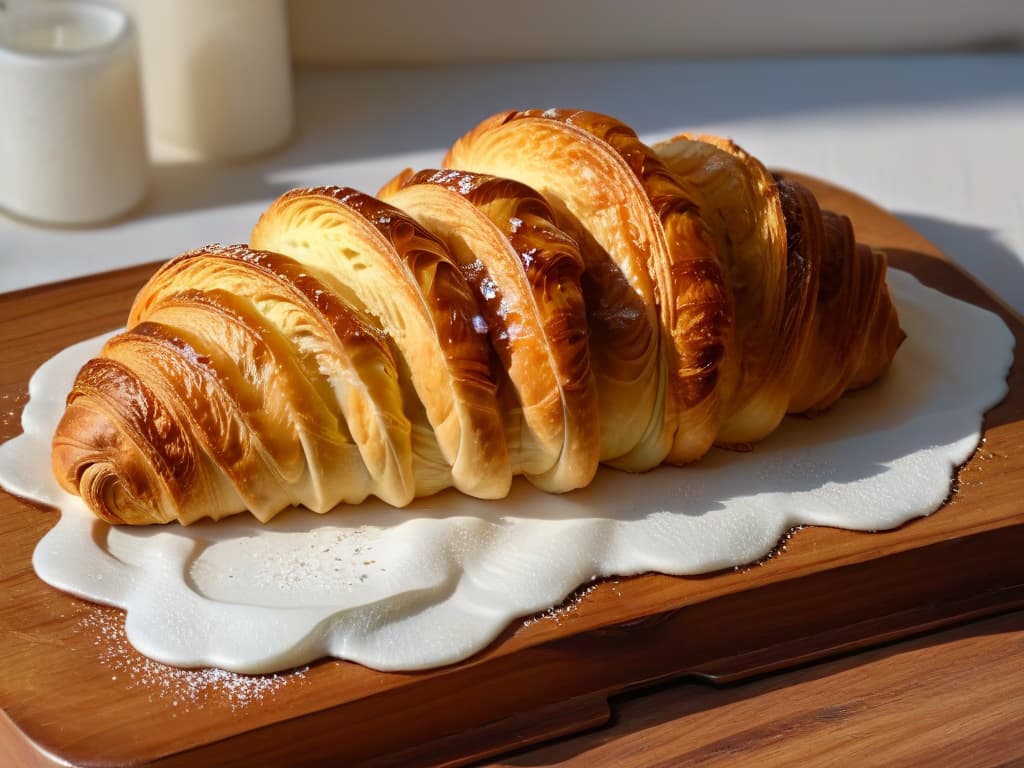  A closeup, ultradetailed image of a perfectly golden croissant, freshly baked and glistening with a light brush of honey, resting on a rustic, flourdusted wooden table. The croissant's flaky layers are visible, showcasing the expert craftsmanship in its creation. The background is softly blurred, emphasizing the simplicity and elegance of this classic pastry. hyperrealistic, full body, detailed clothing, highly detailed, cinematic lighting, stunningly beautiful, intricate, sharp focus, f/1. 8, 85mm, (centered image composition), (professionally color graded), ((bright soft diffused light)), volumetric fog, trending on instagram, trending on tumblr, HDR 4K, 8K