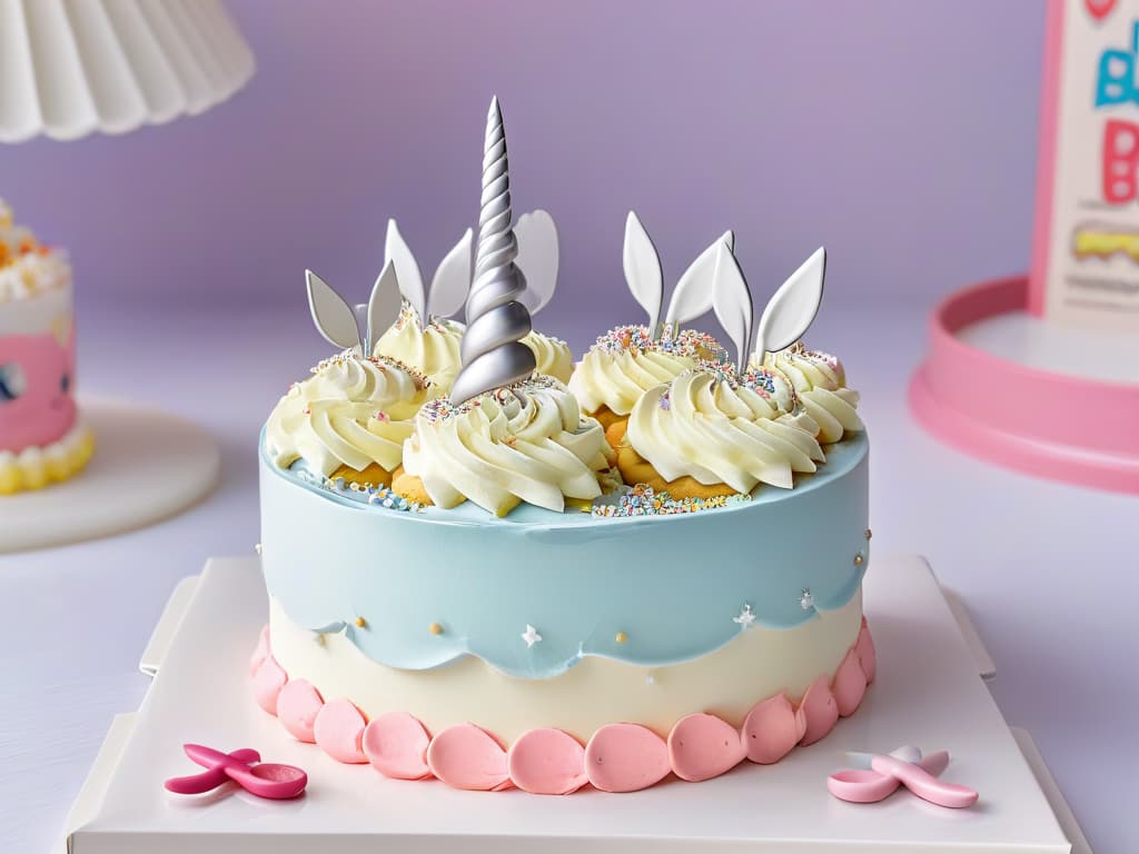  An 8k ultradetailed image of a sleek, minimalist kitchen countertop adorned with an array of beautifully designed unicornthemed baking tools and licensed merchandise. From pastelhued mixing bowls to whimsical unicornshaped cookie cutters, each item is elegantly arranged, showcasing a perfect blend of magic and functionality. The soft, natural lighting highlights the intricate details of each product, inviting the viewer into a enchanting world of unicorninspired baking delights. hyperrealistic, full body, detailed clothing, highly detailed, cinematic lighting, stunningly beautiful, intricate, sharp focus, f/1. 8, 85mm, (centered image composition), (professionally color graded), ((bright soft diffused light)), volumetric fog, trending on instagram, trending on tumblr, HDR 4K, 8K