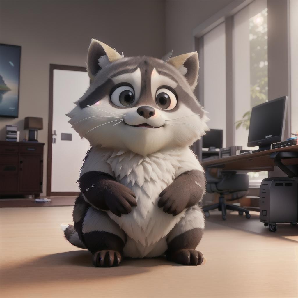  raccoon sitting in gaming chair front a computer on desktop, ((semi anthropomorphic)),(full body), tail, belly, sitting, fat, (chubby), (((white background))), solo, desktop, gaming chair, side view,  [[[clothes]]] hyperrealistic, full body, detailed clothing, highly detailed, cinematic lighting, stunningly beautiful, intricate, sharp focus, f/1. 8, 85mm, (centered image composition), (professionally color graded), ((bright soft diffused light)), volumetric fog, trending on instagram, trending on tumblr, HDR 4K, 8K