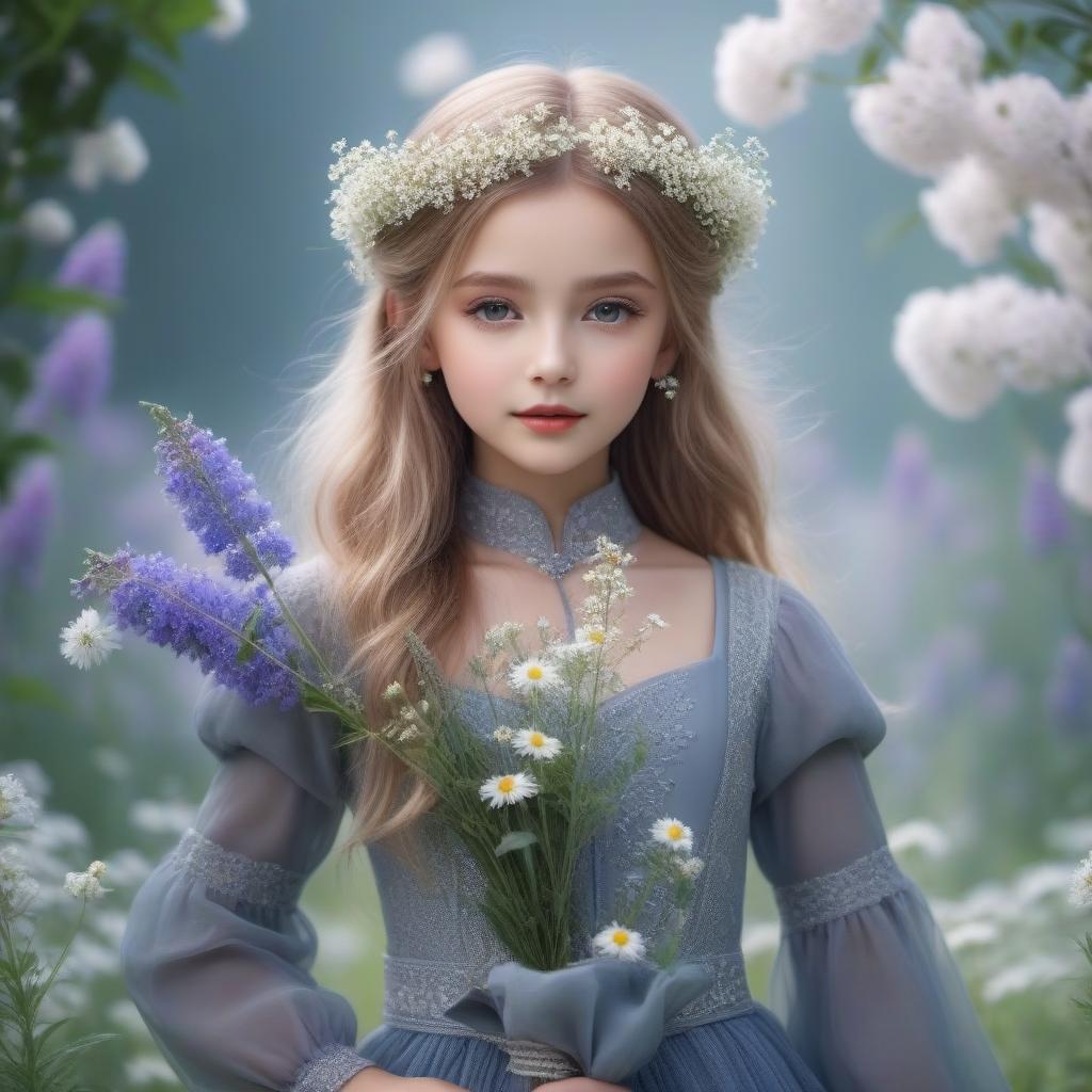  A beautiful little girl with a bouquet of wildflowers against a flower clearing hyperrealistic, full body, detailed clothing, highly detailed, cinematic lighting, stunningly beautiful, intricate, sharp focus, f/1. 8, 85mm, (centered image composition), (professionally color graded), ((bright soft diffused light)), volumetric fog, trending on instagram, trending on tumblr, HDR 4K, 8K