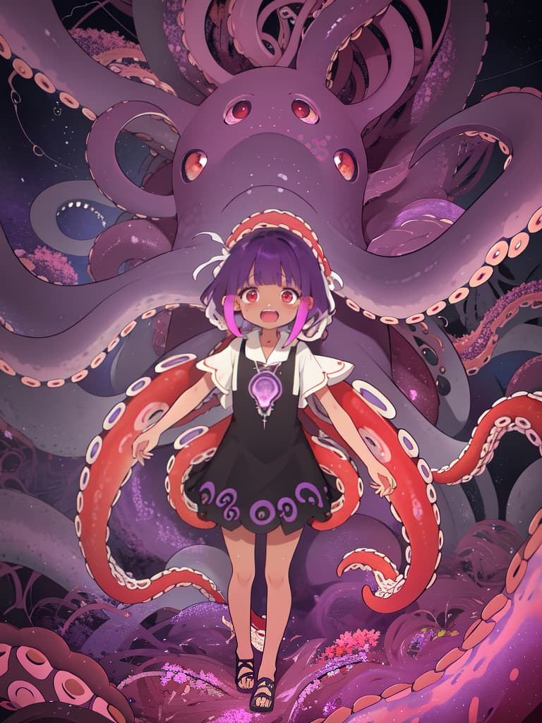  Tentacles, brown skin, short hair, crying face, purple hair, tentacle winding, open mouth, red eye, whole body, full body, masterpiece, best quality,8k,ultra detailed,high resolution,an extremely delicate and beautiful,hyper detail