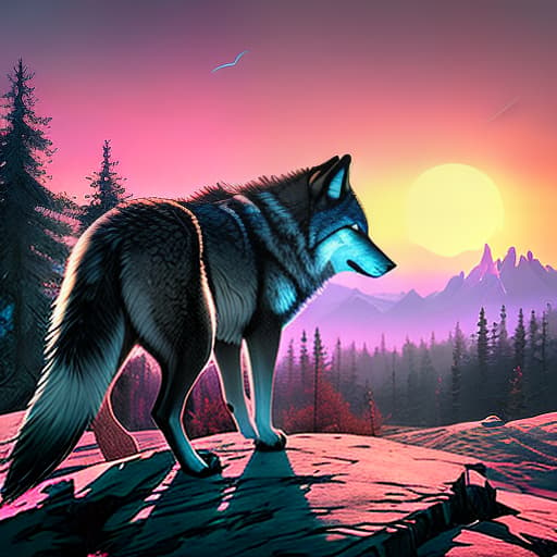 nvinkpunk Realistic image of Wolf howling at the moon, breathtaking, Global illumination, Bioluminescent hyperrealistic, full body, detailed clothing, highly detailed, cinematic lighting, stunningly beautiful, intricate, sharp focus, f/1. 8, 85mm, (centered image composition), (professionally color graded), ((bright soft diffused light)), volumetric fog, trending on instagram, trending on tumblr, HDR 4K, 8K