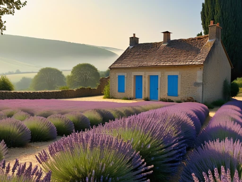  A photorealistic image of a serene and picturesque French countryside, featuring a charming stone cottage with smoke gently rising from the chimney, surrounded by vibrant blooming lavender fields that stretch endlessly towards the horizon under a clear blue sky. Bees are buzzing around the flowers, adding a touch of life to the tranquil scene. The warm sunlight casts a golden hue over the landscape, creating a peaceful and inviting atmosphere perfect for a baking retreat. hyperrealistic, full body, detailed clothing, highly detailed, cinematic lighting, stunningly beautiful, intricate, sharp focus, f/1. 8, 85mm, (centered image composition), (professionally color graded), ((bright soft diffused light)), volumetric fog, trending on instagram, trending on tumblr, HDR 4K, 8K