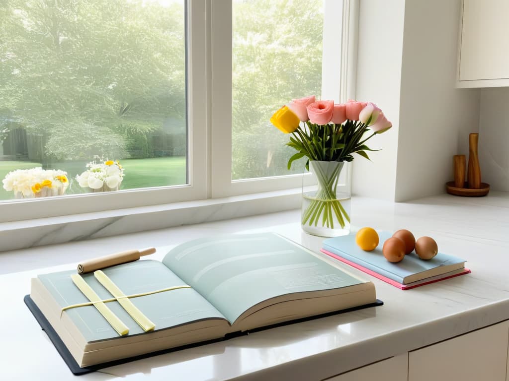  A minimalist, highresolution image of a serene kitchen retreat, featuring a sleek marble countertop with a few essential baking tools neatly arranged, a stack of pastelcolored recipe books, and a vase of fresh flowers. The soft natural light streaming in through a large window highlights the clean lines and calming atmosphere of the space, inviting viewers to imagine themselves honing their baking skills in this tranquil setting. hyperrealistic, full body, detailed clothing, highly detailed, cinematic lighting, stunningly beautiful, intricate, sharp focus, f/1. 8, 85mm, (centered image composition), (professionally color graded), ((bright soft diffused light)), volumetric fog, trending on instagram, trending on tumblr, HDR 4K, 8K