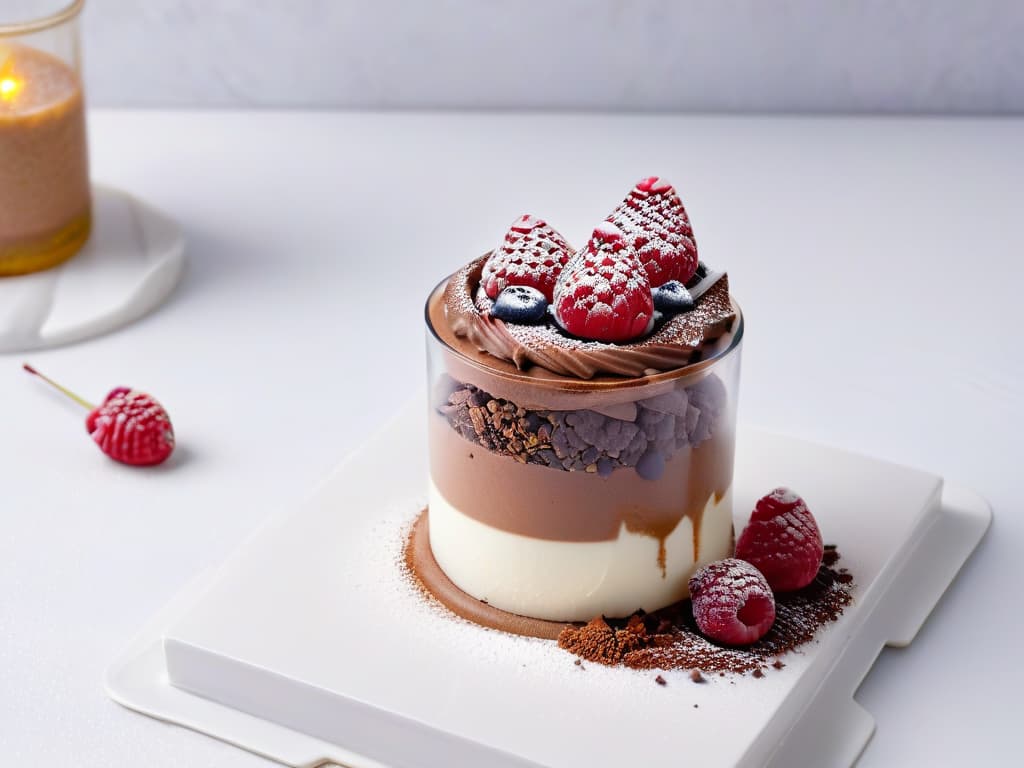  A closeup, ultradetailed image of a decadent chocolate mousse served in a delicate, transparent glass dessert cup. The mousse is topped with a single fresh raspberry and a sprinkle of cocoa powder, all set on a marble countertop with soft, natural lighting enhancing its glossy texture and rich colors. hyperrealistic, full body, detailed clothing, highly detailed, cinematic lighting, stunningly beautiful, intricate, sharp focus, f/1. 8, 85mm, (centered image composition), (professionally color graded), ((bright soft diffused light)), volumetric fog, trending on instagram, trending on tumblr, HDR 4K, 8K