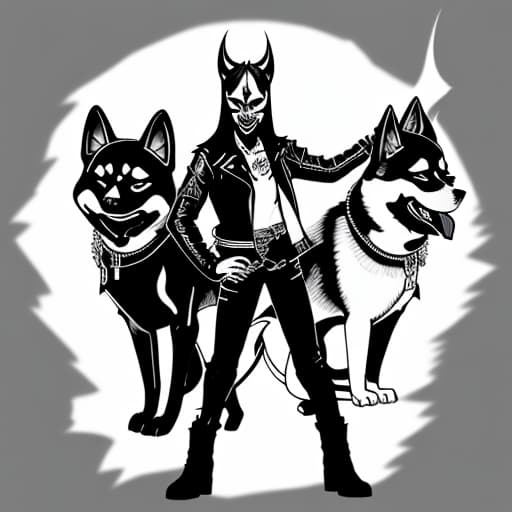  Satanic male shiba dog wearing biker leather jacket and corpse paint standing on two legs