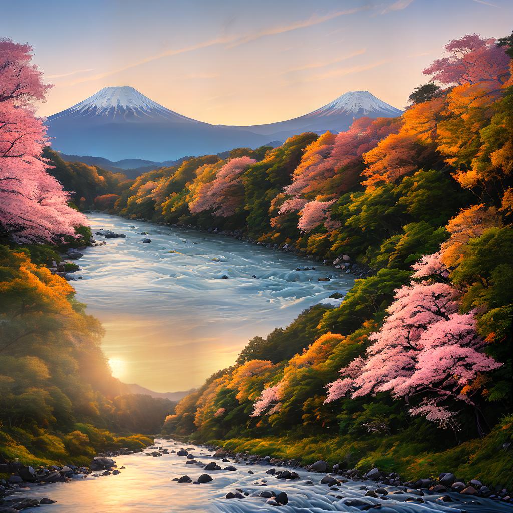  An awe-inspiring representation of 日本の風景, this stunning ((masterpiece)) is a true testament to the artist's talent. With a focus on high details and realism, this 8k artwork immerses viewers in the beauty of a serene Japanese countryside. The main subject of the scene is a majestic ((Mount Fuji)) towering over a picturesque landscape. The snow-capped peak is surrounded by rolling hills, lush forests, and a meandering ((river)) that reflects the golden hues of the setting sun. Delicate cherry blossom trees line the riverbanks, adding a touch of delicate beauty to the composition. The artist's skillful brushwork and intricate textures bring this artwork to life, making it a truly remarkable piece. hyperrealistic, full body, detailed clothing, highly detailed, cinematic lighting, stunningly beautiful, intricate, sharp focus, f/1. 8, 85mm, (centered image composition), (professionally color graded), ((bright soft diffused light)), volumetric fog, trending on instagram, trending on tumblr, HDR 4K, 8K
