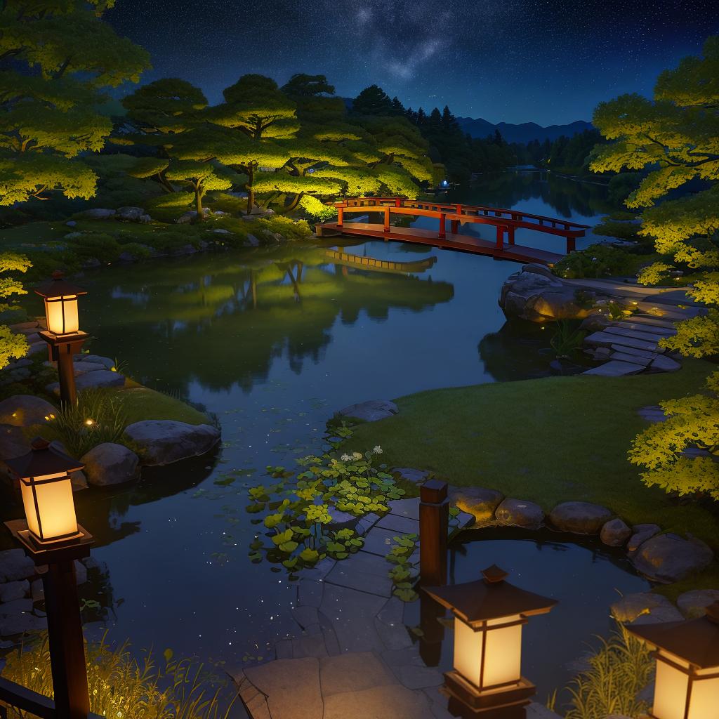  masterpiece, best quality, (Fidelity: 1.4), Best Quality, Masterpiece, Ultra High Resolution, 8k resolution, A night view inspired by Japanese art, featuring a garden illuminated by paper lanterns and a wooden bridge spanning a tranquil lake, by the lakeside, there is a small Zen temple. The water reflects the starry sky.