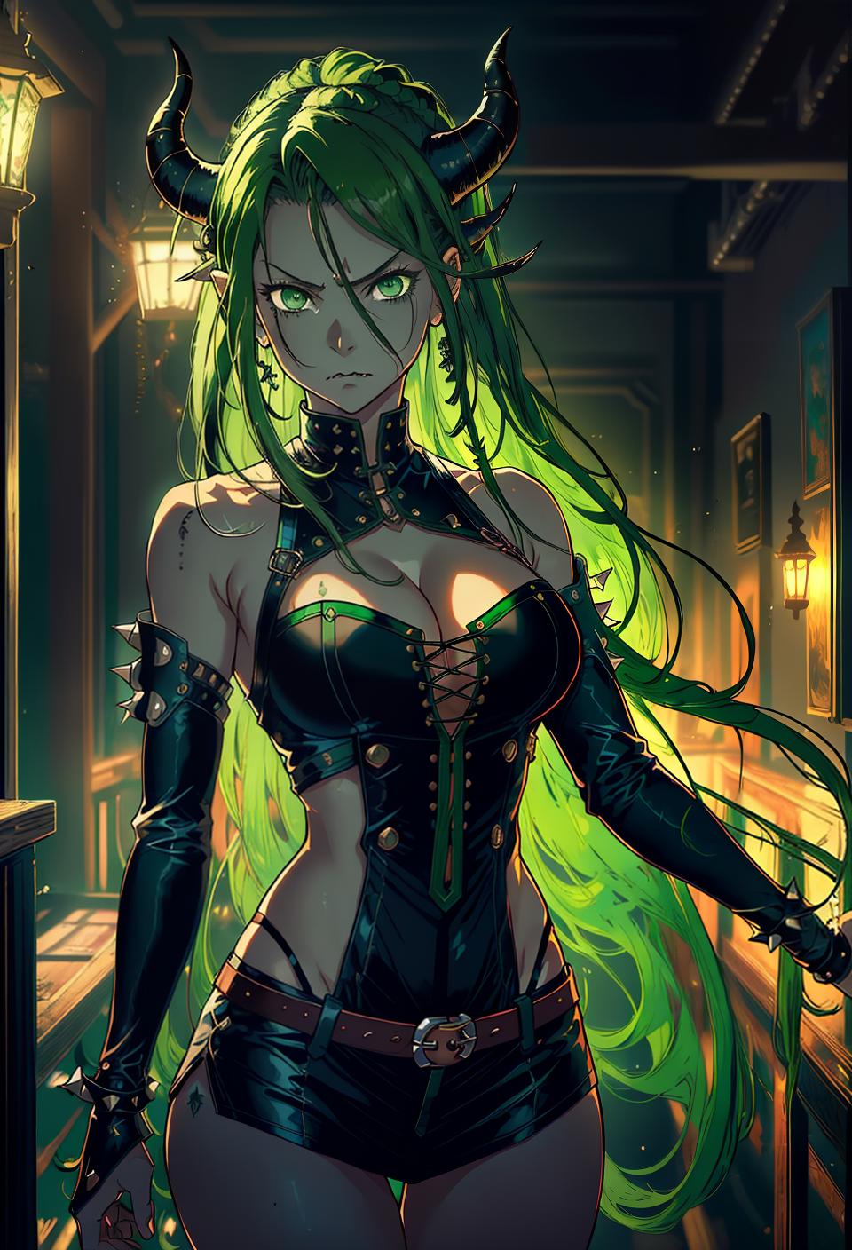  ((trending, highres, masterpiece, cinematic shot)), 1girl, mature, female date attire, large, pirate ship scene, very long spiked dark green hair, side locks hairstyle,  green eyes, evil personality, sad expression, horns, very dark skin, lively, toned