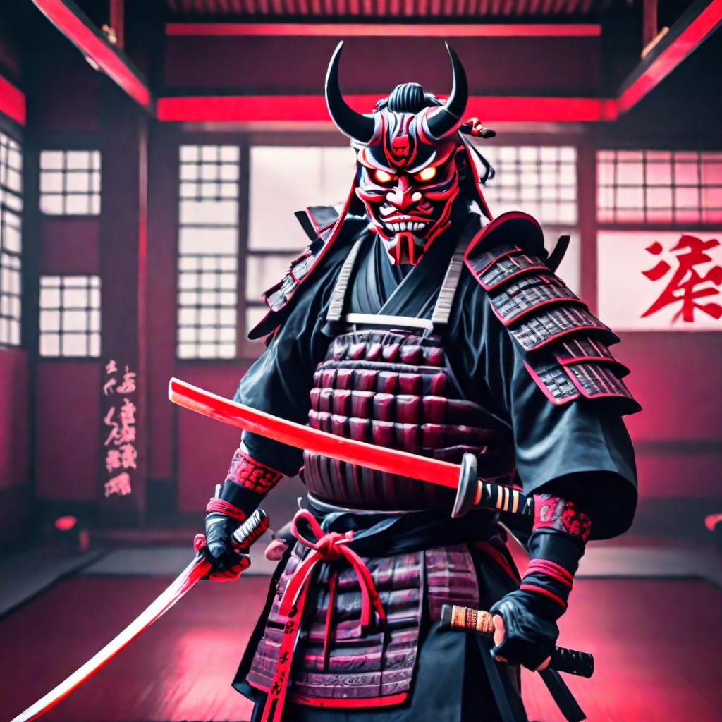  {Oni Masked Samurai} in an indoor dojo, exuding a fierce and angered demeanor, holding a blood-drenched katana. The image type is a digital illustration with a fusion of cyberpunk and traditional Japanese art styles. The oni mask should have futuristic elements, blending seamlessly with the traditional samurai attire. The background features a cyber-enhanced training area with neon-lit symbols. The camera shot is a close-up, using a 35mm lens for dynamic angles. Lighting includes a mix of neon lights and ambient studio lighting, creating a visually striking atmosphere. The resolution is 16K, ensuring hyper-detailed rendering and vivid colors. Art inspirations include the works of Yoshitaka Amano and contemporary cyberpunk illustrators. Rend