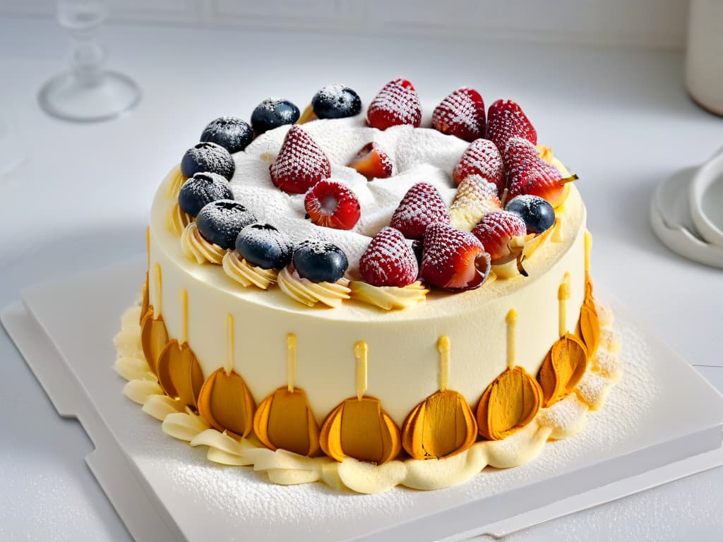  A closeup, ultradetailed image of a freshly baked glutenfree cake decorated with vibrant, fresh berries and a dusting of powdered sugar on a sleek, white marble countertop. The cake is perfectly sliced to reveal layers of moist sponge and luscious frosting, showcasing the intricate textures and colors of each component. The natural light streaming in highlights the delicate details, making the dessert look irresistibly delicious and visually appealing. hyperrealistic, full body, detailed clothing, highly detailed, cinematic lighting, stunningly beautiful, intricate, sharp focus, f/1. 8, 85mm, (centered image composition), (professionally color graded), ((bright soft diffused light)), volumetric fog, trending on instagram, trending on tumblr, HDR 4K, 8K