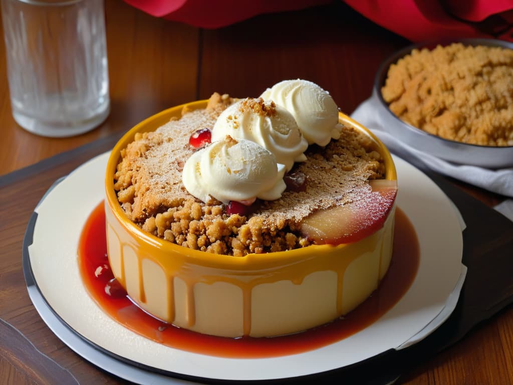  A closeup, photorealistic image of a goldenbrown crumble topping on a freshly baked apple and rhubarb crumble. The crumble is sprinkled with oats and cinnamon, with small droplets of syrup glistening in the light. The fruit filling underneath is bubbling slightly, showcasing chunks of soft, cooked apple and tart rhubarb, all encased in a buttery, crumbly crust. The dish sits on a rustic wooden table, with a scoop of vanilla ice cream melting slightly next to it, emitting a tantalizing aroma. hyperrealistic, full body, detailed clothing, highly detailed, cinematic lighting, stunningly beautiful, intricate, sharp focus, f/1. 8, 85mm, (centered image composition), (professionally color graded), ((bright soft diffused light)), volumetric fog, trending on instagram, trending on tumblr, HDR 4K, 8K