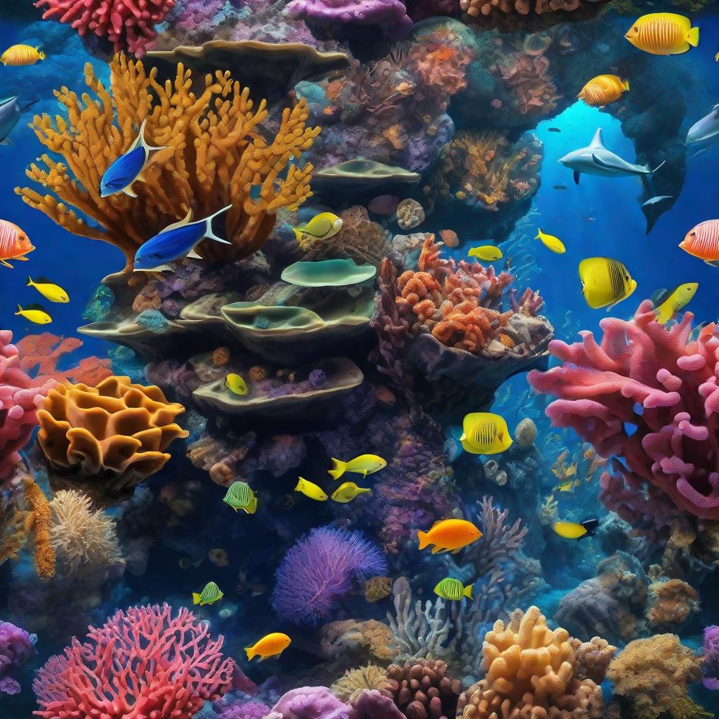  masterpiece, best quality, beautiful deep sea full of corals, diverse marine life and fascinating underwater landscapes with corals, appendages, small fish, anemones, dolphins, various algae, caves, colorful, 8k resolution and intricate detail