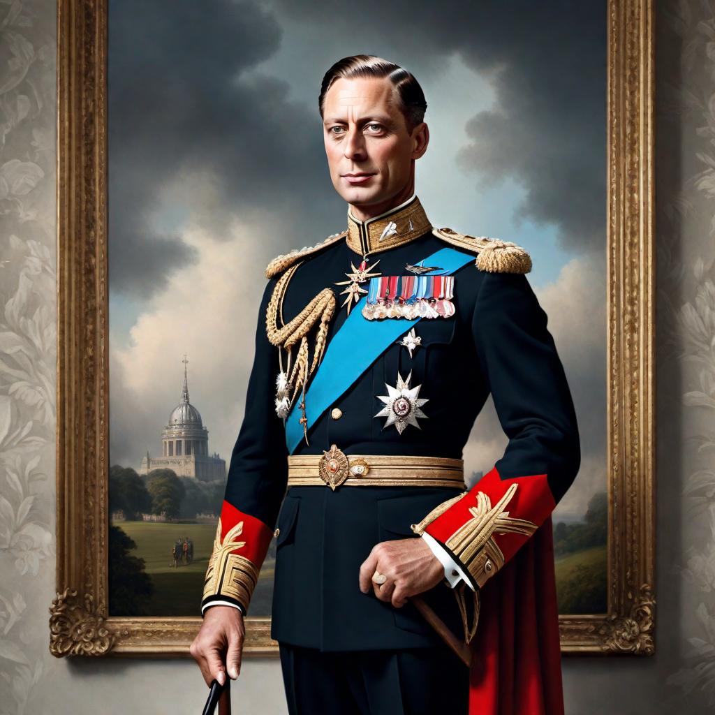  realistic painting of King George VI in 4k resolution, created in the Realism art style hyperrealistic, full body, detailed clothing, highly detailed, cinematic lighting, stunningly beautiful, intricate, sharp focus, f/1. 8, 85mm, (centered image composition), (professionally color graded), ((bright soft diffused light)), volumetric fog, trending on instagram, trending on tumblr, HDR 4K, 8K