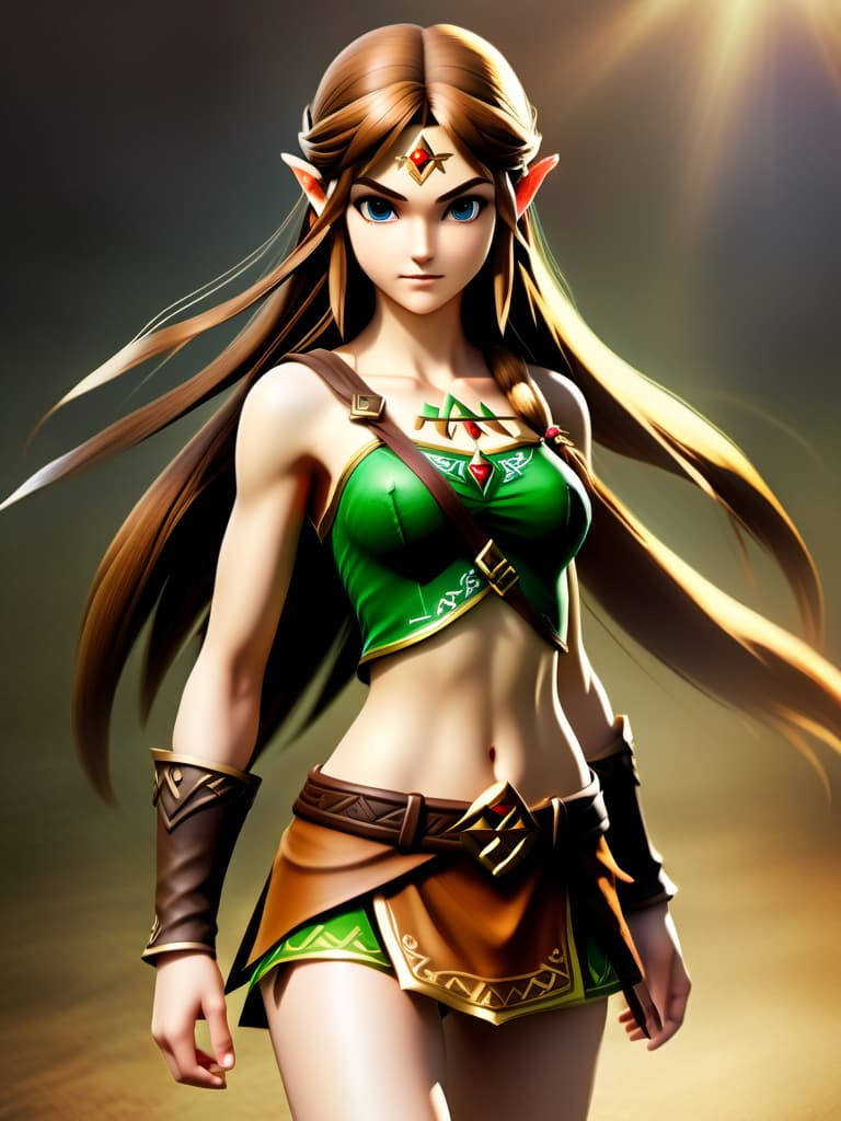  Legend of Zelda style texture HDR photo of girl in full growth, front view, Without clothing, small, realistic skin texture, long brown hair, without, extremely detailed, posing for the camera, full length photo . vibrant, fantasy, detailed, epic, heroic, reminiscent of The Legend of Zelda series