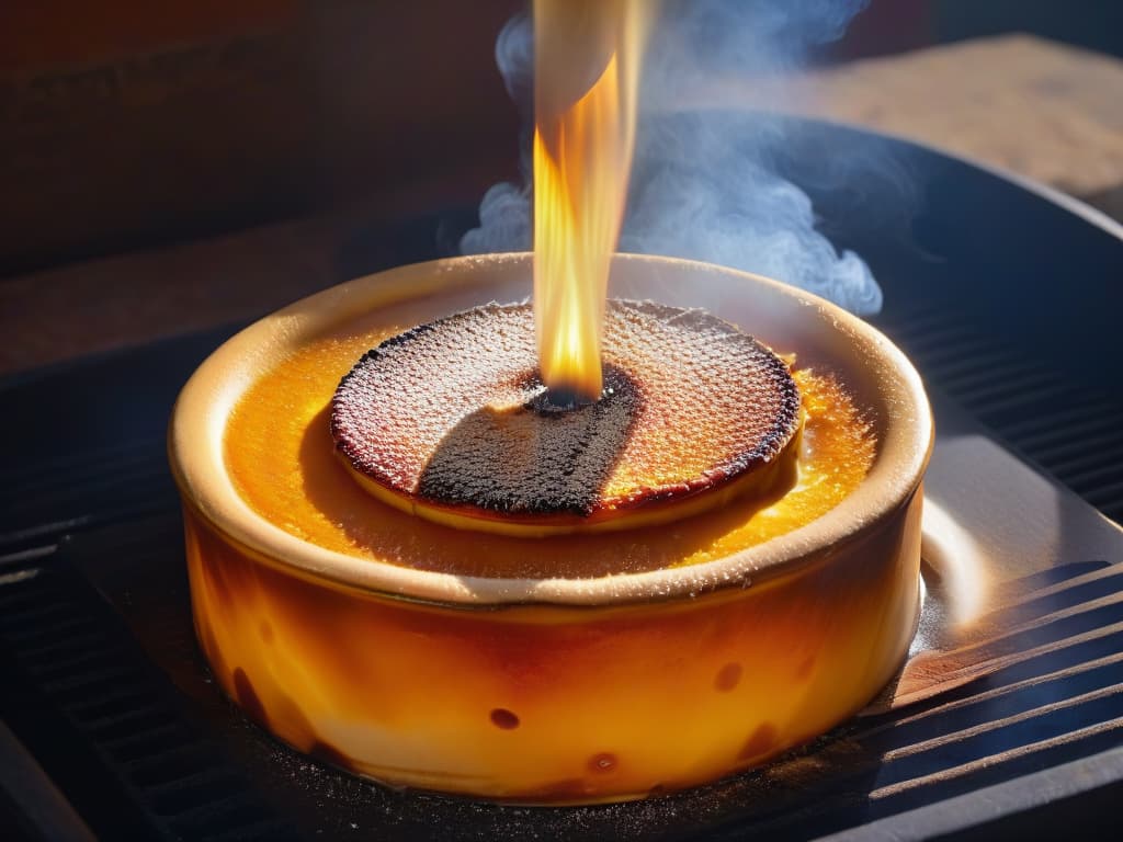  A closeup, ultradetailed image of a perfectly caramelized crème brûlée being torched, capturing the precise moment when the sugar crust cracks under the heat, revealing the luscious cream underneath. The flames dance elegantly against the dark background, highlighting the golden hues of the dessert in exquisite detail. hyperrealistic, full body, detailed clothing, highly detailed, cinematic lighting, stunningly beautiful, intricate, sharp focus, f/1. 8, 85mm, (centered image composition), (professionally color graded), ((bright soft diffused light)), volumetric fog, trending on instagram, trending on tumblr, HDR 4K, 8K