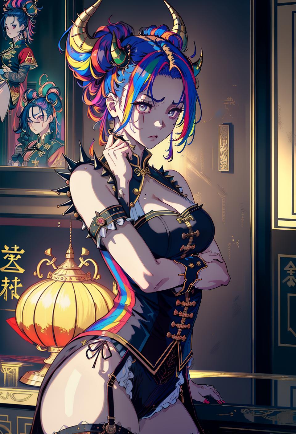  ((trending, highres, masterpiece, cinematic shot)), 1girl, mature, female steampunk outfit, large, palace scene, long spiked rainbow hair, hair in Chinese buns, large rainbow-colored eyes, gloomy personality, scared expression, horns, very dark skin, morbid, limber