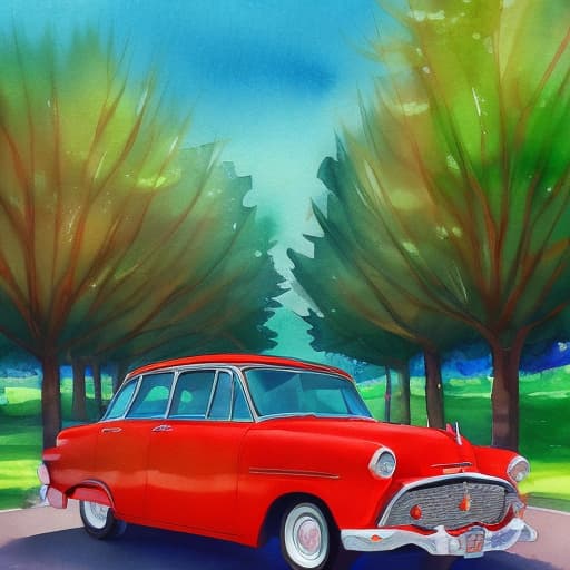 portrait+ style Water color painting, a red car in the center , around the car are there vibrant flowers and trees