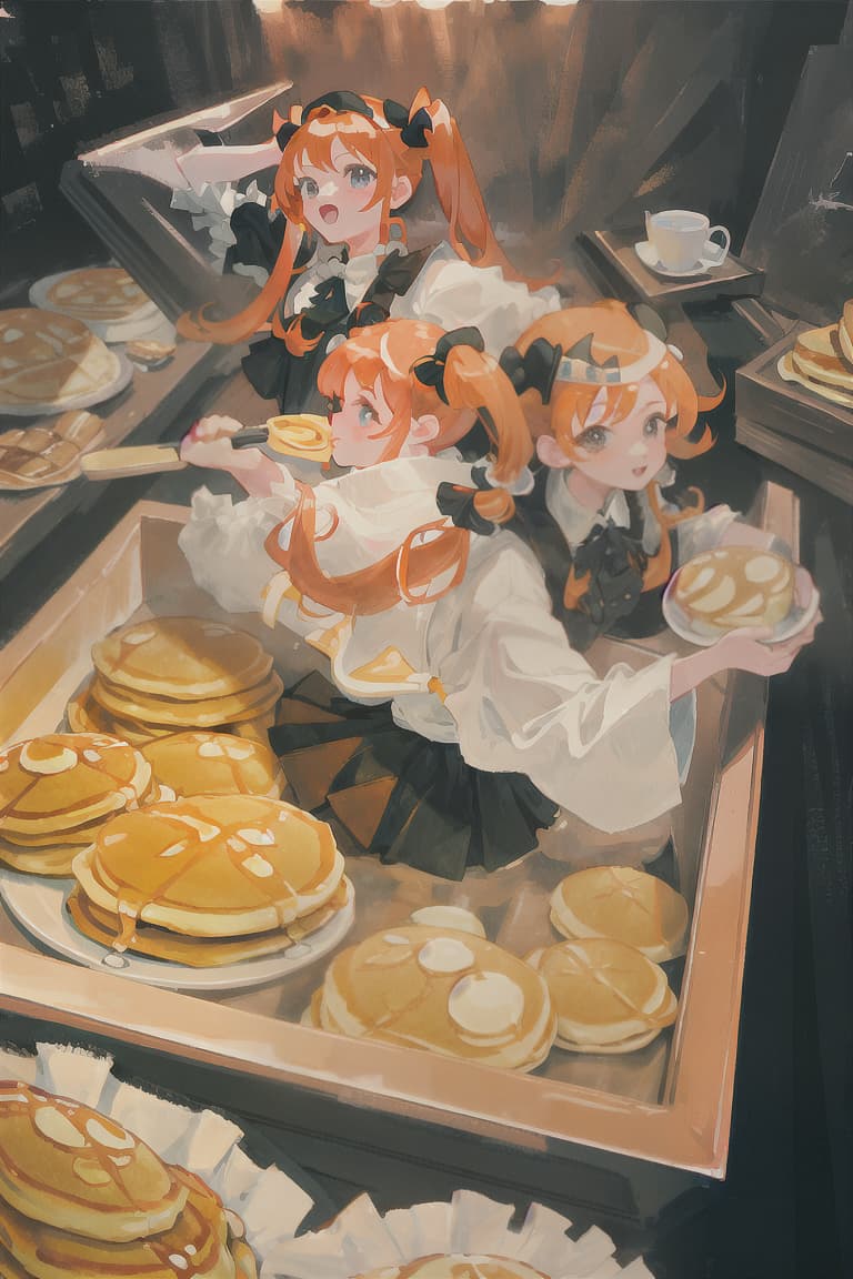  master piece , best quality,Orange hair, pigtails, girls, casket caps, pancakes