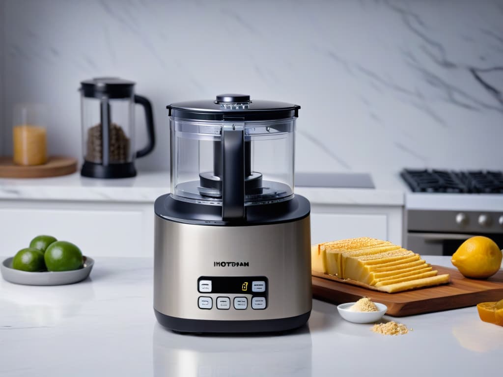  A highresolution, minimalist image showcasing two toptier food processors side by side on a sleek, marble countertop. The processors have a modern design with sleek lines and metallic finishes, exuding an air of sophistication and high performance. The background is softly blurred to keep the focus on the appliances, with subtle natural light illuminating the scene to highlight their premium quality and craftsmanship. hyperrealistic, full body, detailed clothing, highly detailed, cinematic lighting, stunningly beautiful, intricate, sharp focus, f/1. 8, 85mm, (centered image composition), (professionally color graded), ((bright soft diffused light)), volumetric fog, trending on instagram, trending on tumblr, HDR 4K, 8K