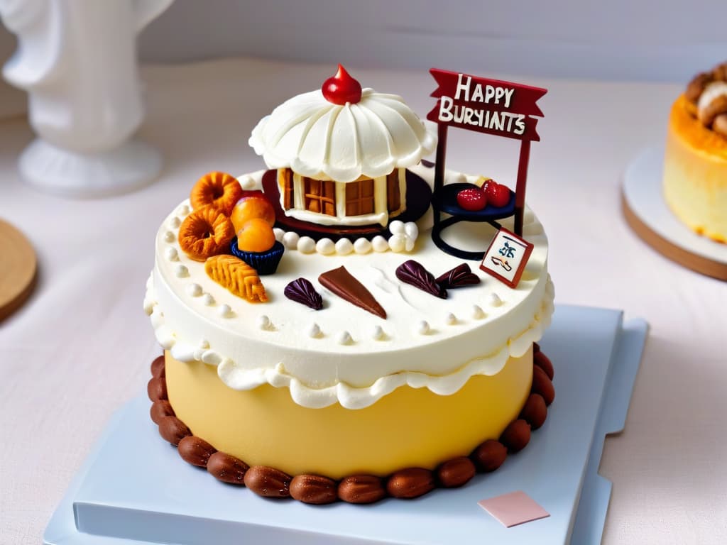  An intricate, ultradetailed closeup image of a beautifully crafted cake topper featuring a miniature edible replica of a Parisian café scene, complete with tiny tables, chairs, and patrons enjoying pastries and coffee. The delicate sugar artistry captures every minute detail, from the wisps of steam rising from the coffee cups to the fine lace pattern on the tablecloths, showcasing the artistry and skill involved in creating themed bakery products. hyperrealistic, full body, detailed clothing, highly detailed, cinematic lighting, stunningly beautiful, intricate, sharp focus, f/1. 8, 85mm, (centered image composition), (professionally color graded), ((bright soft diffused light)), volumetric fog, trending on instagram, trending on tumblr, HDR 4K, 8K