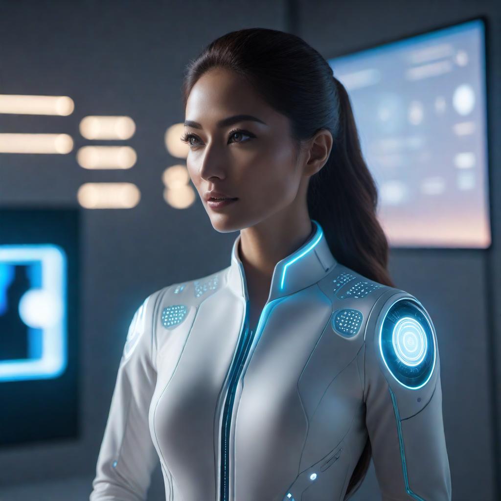  A futuristic AI assistant interacting with a user on a digital screen, with a dialogue bubble showing the user's request to generate an image based on the assistant's reply. hyperrealistic, full body, detailed clothing, highly detailed, cinematic lighting, stunningly beautiful, intricate, sharp focus, f/1. 8, 85mm, (centered image composition), (professionally color graded), ((bright soft diffused light)), volumetric fog, trending on instagram, trending on tumblr, HDR 4K, 8K