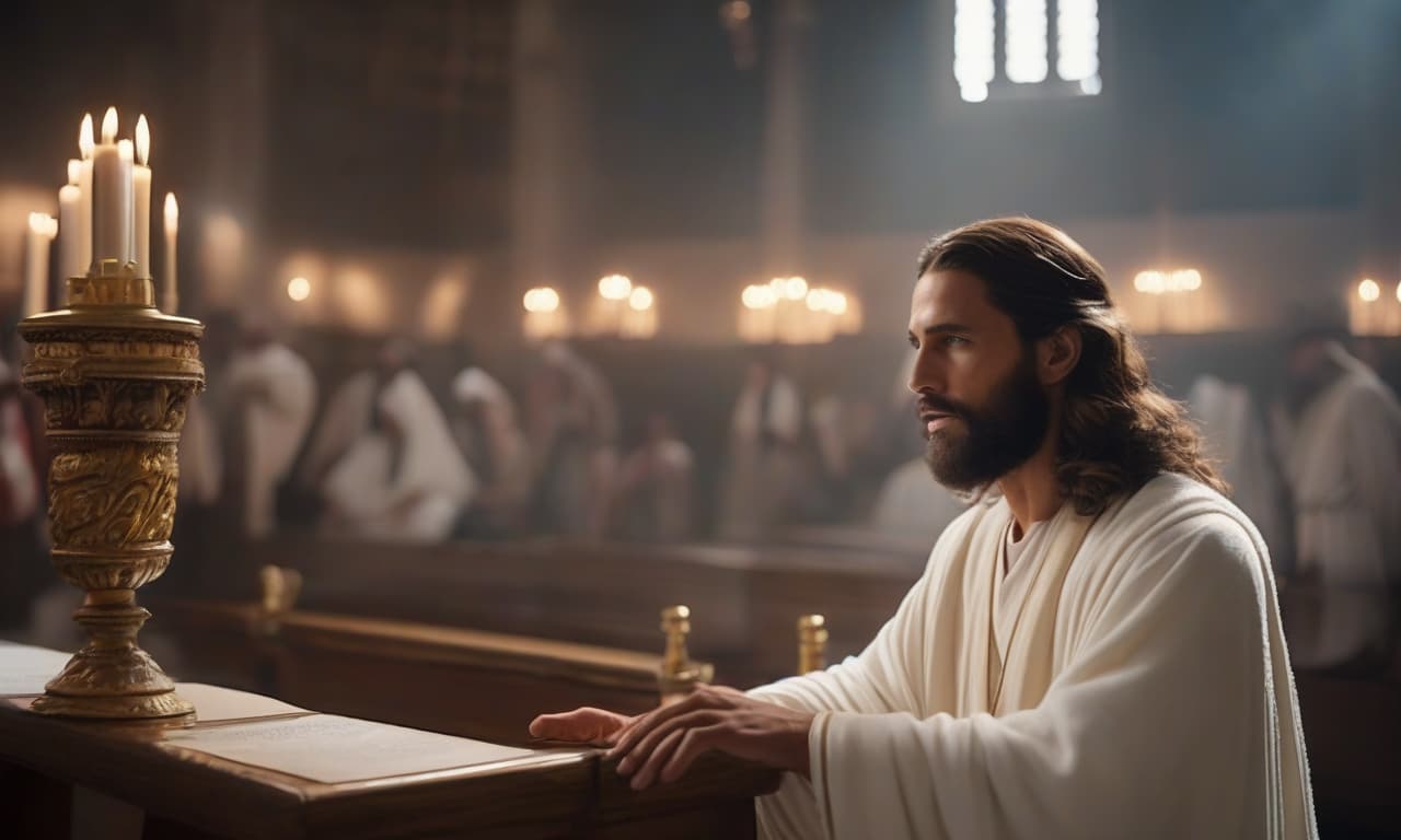  cinematic film still Jesus, in a white robe, in the synagogue, heals the sick, . shallow depth of field, vignette, highly detailed, high budget, bokeh, cinemascope, moody, epic, gorgeous, film grain, grainy hyperrealistic, full body, detailed clothing, highly detailed, cinematic lighting, stunningly beautiful, intricate, sharp focus, f/1. 8, 85mm, (centered image composition), (professionally color graded), ((bright soft diffused light)), volumetric fog, trending on instagram, trending on tumblr, HDR 4K, 8K