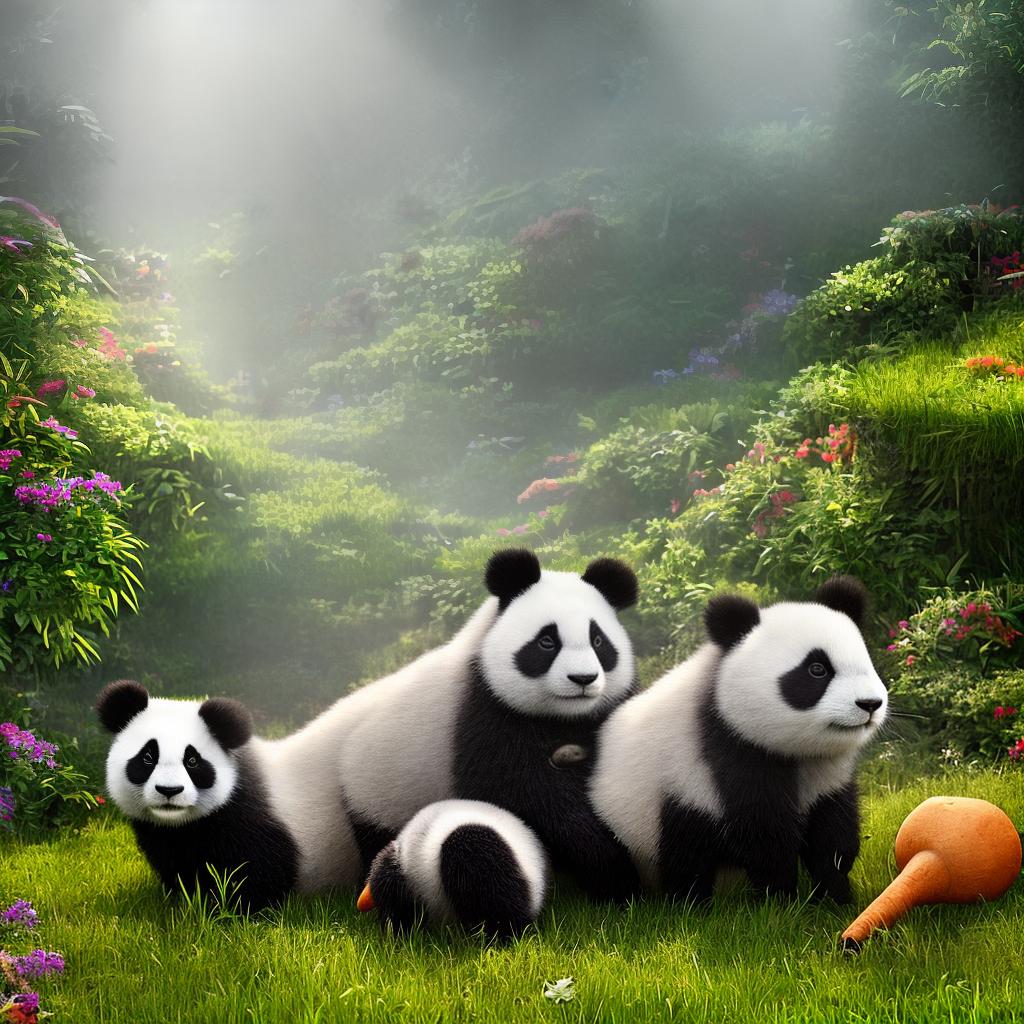  ((Masterpiece)), (((best quality))), 8k, high detailed, ultra-detailed. A panda and a rabbit sitting together on a sunny meadow, sharing delicious bamboo and carrots. The scene has vibrant and clear colors, with simple and expressive lines. The main subject is the interaction between the panda and rabbit. The meadow is filled with lush green grass and colorful wildflowers. The panda has a round face with black and white fur, while the rabbit has soft, fluffy brown fur. The panda is happily munching on a piece of bamboo, while the rabbit is nibbling on a carrot. The sunlight casts a warm glow on the scene, creating soft shadows. The meadow is surrounded by tall trees, with a few birds flying in the distance. The overal hyperrealistic, full body, detailed clothing, highly detailed, cinematic lighting, stunningly beautiful, intricate, sharp focus, f/1. 8, 85mm, (centered image composition), (professionally color graded), ((bright soft diffused light)), volumetric fog, trending on instagram, trending on tumblr, HDR 4K, 8K
