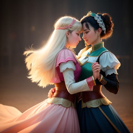  two women dancing with horses , hyperrealistic, high quality, highly detailed, perfect lighting, intricate, sharp focus, f/1. 8, 85mm, (centered image composition), (professionally color graded), ((bright soft diffused light)), trending on instagram, HDR 4K, 8K