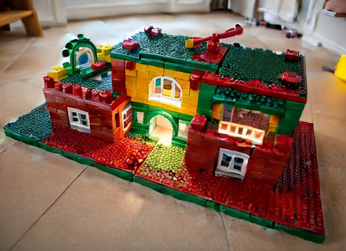  a colorful toy brick structure resembling a house, with various sized bricks and a playful design, on a green baseplate, indoor lighting style RAW Photo, realistic, 4:3, best quality, <lora:more details:0>, epiCRealism, <lyco:Mangled Merge Lyco:0>