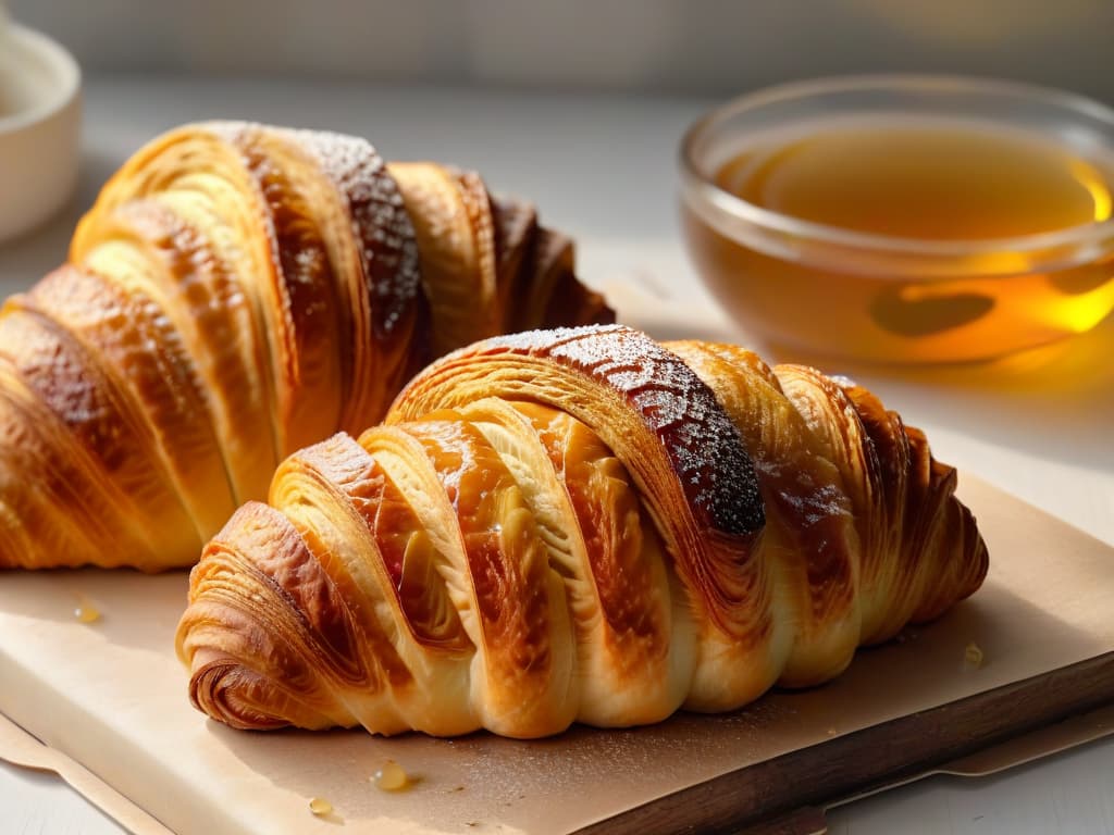  An ultradetailed closeup image of a perfectly goldenbrown croissant, freshly baked and glistening with a thin layer of honey glaze. The layers of flaky pastry are visible, showcasing the intricate work that goes into crafting this delicious pastry. The background is subtly blurred to keep the focus on the croissant, emphasizing its buttery texture and inviting appearance. hyperrealistic, full body, detailed clothing, highly detailed, cinematic lighting, stunningly beautiful, intricate, sharp focus, f/1. 8, 85mm, (centered image composition), (professionally color graded), ((bright soft diffused light)), volumetric fog, trending on instagram, trending on tumblr, HDR 4K, 8K