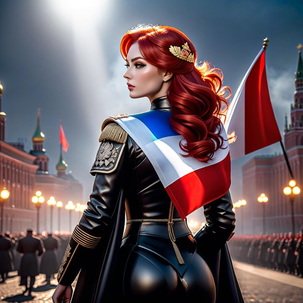  The logo and background with the name Raaozu are made in the black color style. In the background, a girl with red hair holds the flag of Russia. hyperrealistic, full body, detailed clothing, highly detailed, cinematic lighting, stunningly beautiful, intricate, sharp focus, f/1. 8, 85mm, (centered image composition), (professionally color graded), ((bright soft diffused light)), volumetric fog, trending on instagram, trending on tumblr, HDR 4K, 8K