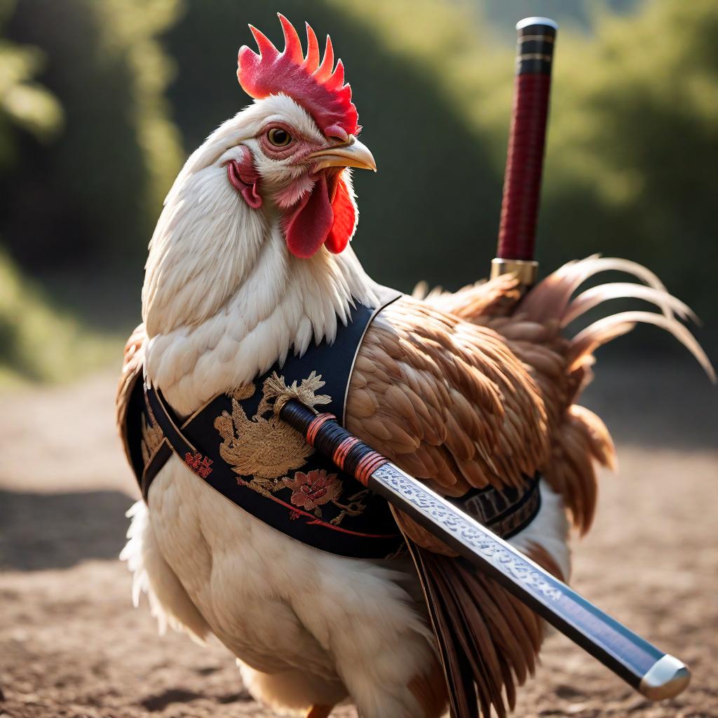  Create an image of a chicken wearing sunglasses and holding a samurai sword while dressed in traditional samurai clothing, looking menacing and ready to destroy the earth. hyperrealistic, full body, detailed clothing, highly detailed, cinematic lighting, stunningly beautiful, intricate, sharp focus, f/1. 8, 85mm, (centered image composition), (professionally color graded), ((bright soft diffused light)), volumetric fog, trending on instagram, trending on tumblr, HDR 4K, 8K