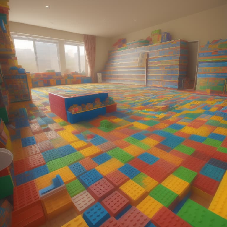  wide shot of a children's room full of (toys on the floor => 1.5). Duplo. LEGO. Blocks and bricks. Realistic, 8K resolution. 30mm lens. text qr 123456